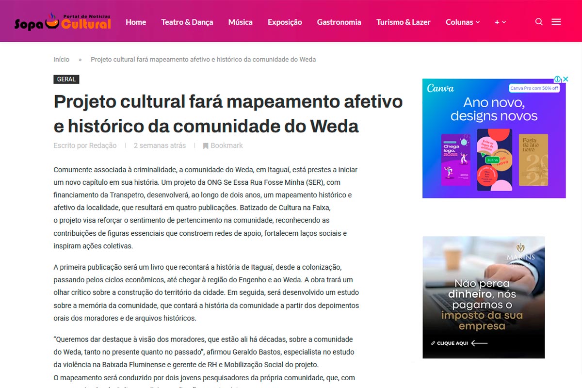 Projeto cultural fará mapeamento afetivo e histórico da comunidade do Weda